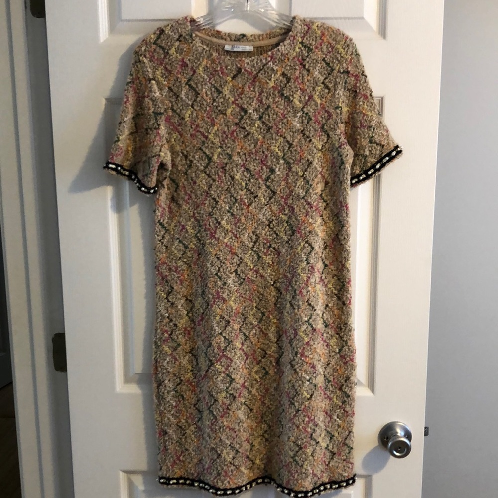 Zara tweed knit dress with faux pearl trim